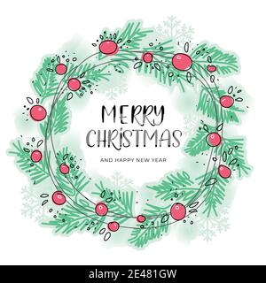 Runder Weihnachtskranz`s Zweigen und Beeren, Frohe Weihnachten und Frohe Neujahrsgrüße, Neujahrsbilderin, Neujahrskarte`s Stock Vektor